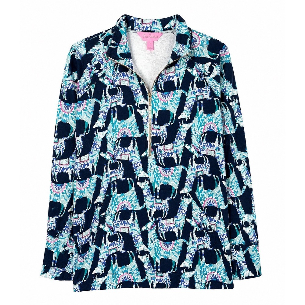 Lilly Pulitzer Skipper Popover Small Alpaca My Bags Navy Half Zip French Terry